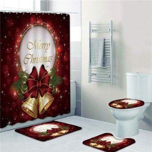 4pcs Christmas Shower Curtain Sets Holiday Bathroom Decoration